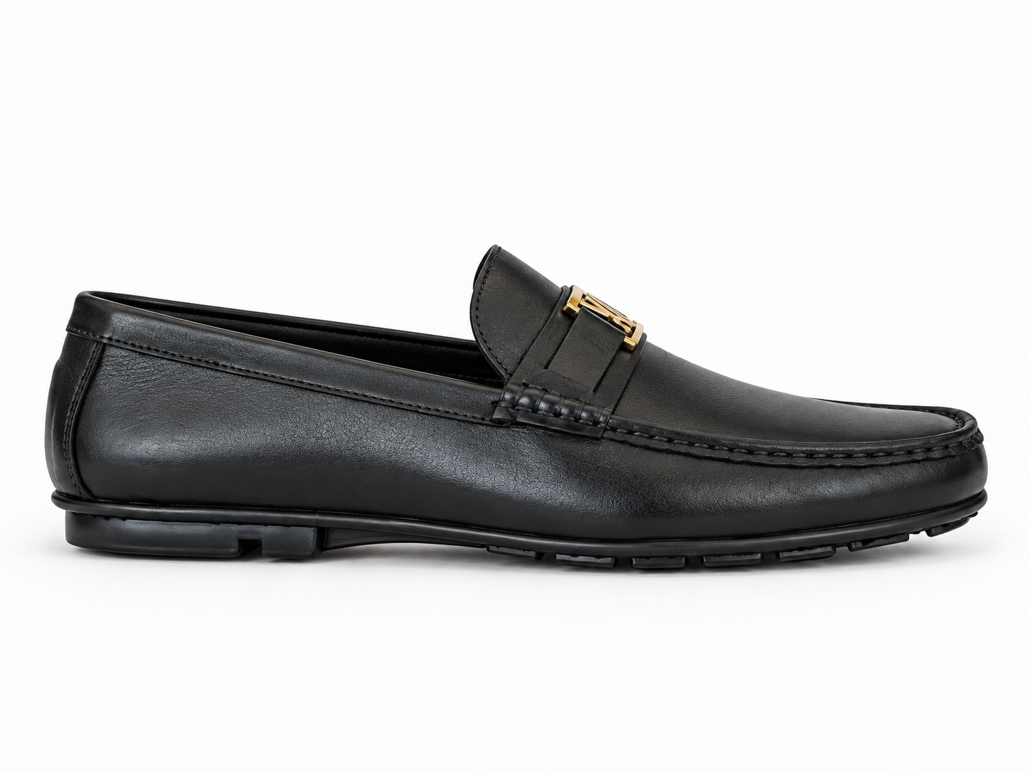 Elite Evoke – Noir Signature Gold Emblem Leather Loafers