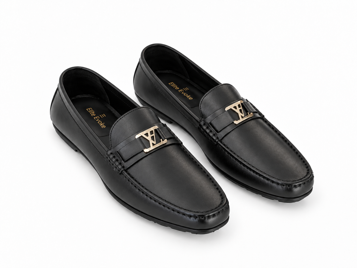 Elite Evoke – Noir Signature Gold Emblem Leather Loafers