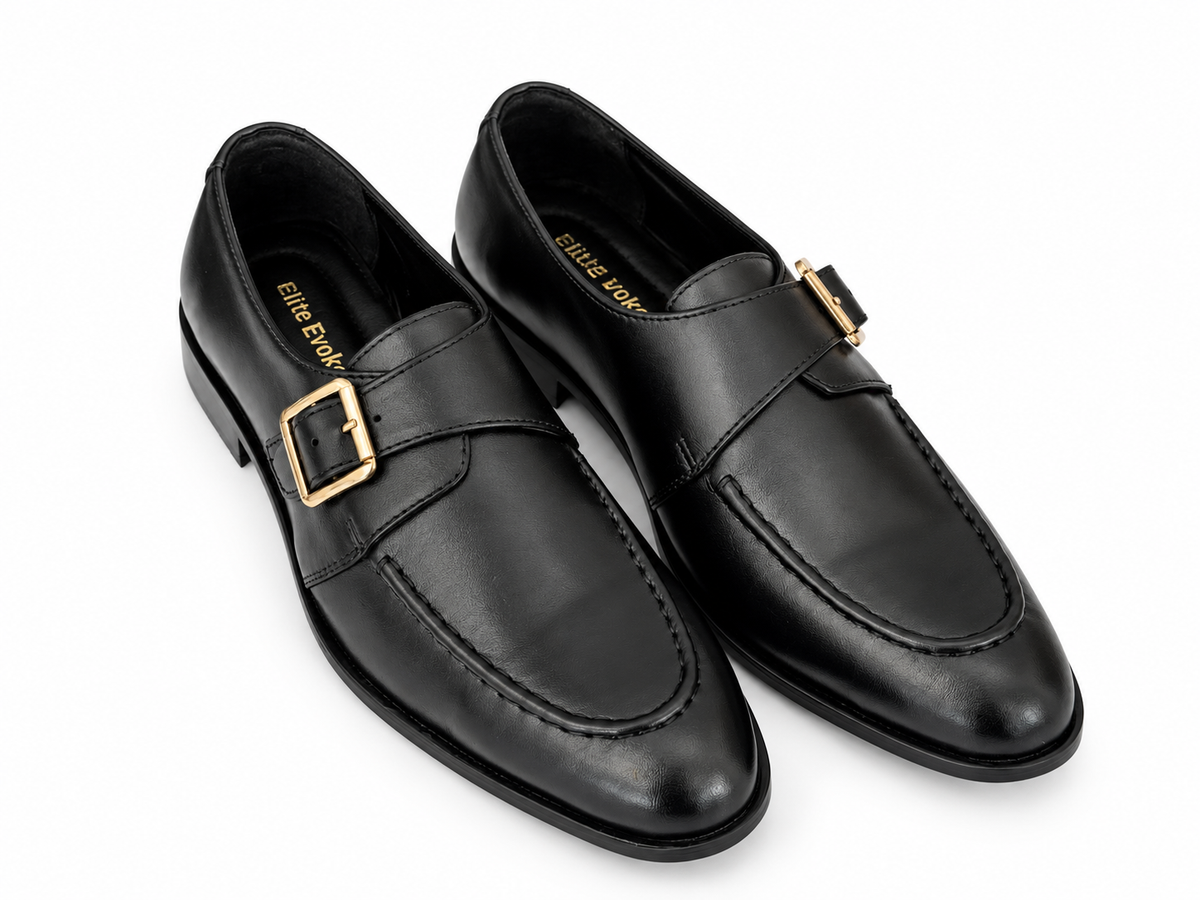 Elite Evoke – Noir Gold Buckle Monk-Strap Loafers
