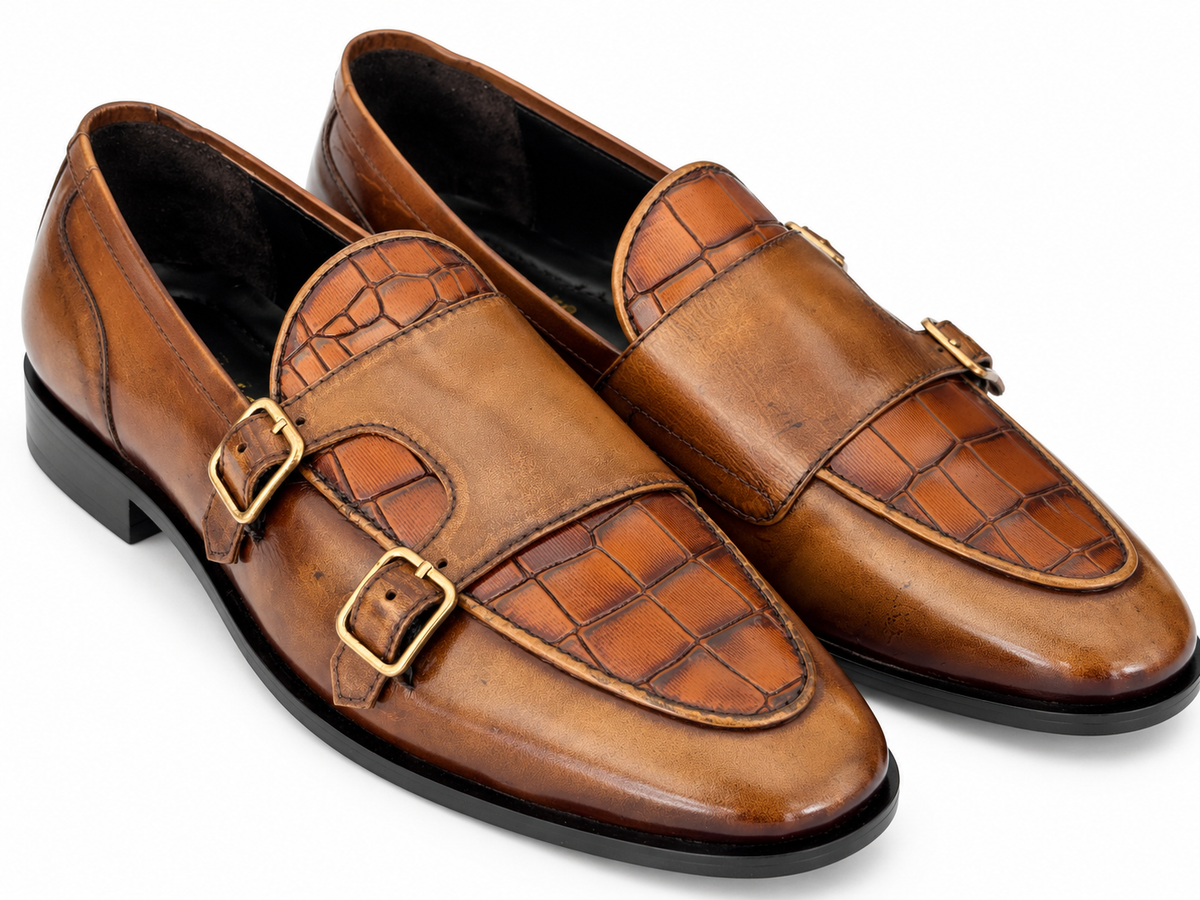 Elite Evoke – Cognac Croc Double Monk-Strap Loafers