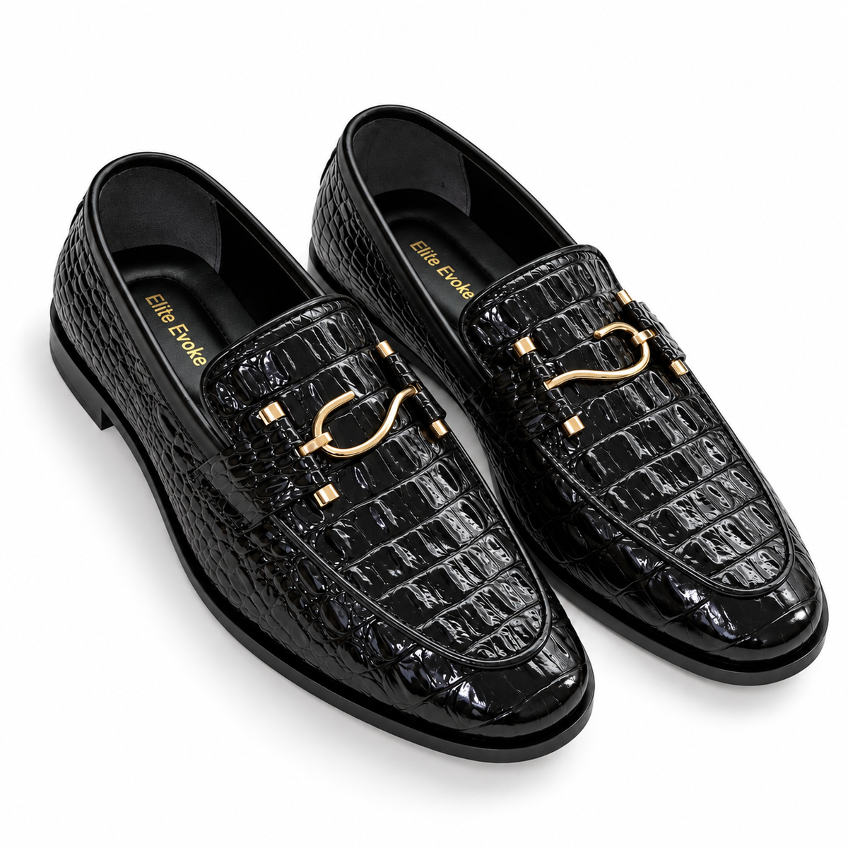Elite Evoke – Noir Croc Gold-Bit Loafers